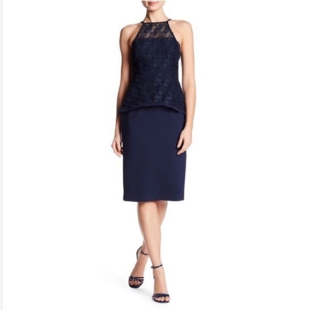 Black Halo Dress Women’s Navy Blue Embroidered Accented Peplum Sz 8 NWT